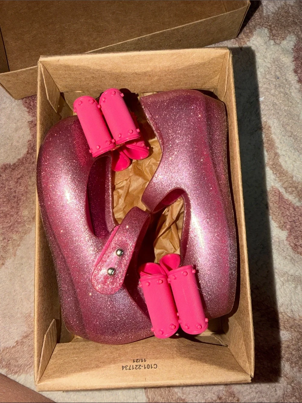 Mini Melissa Ultra Classic Bow Pink Glitter Mary Janes with Hot Pink Bow